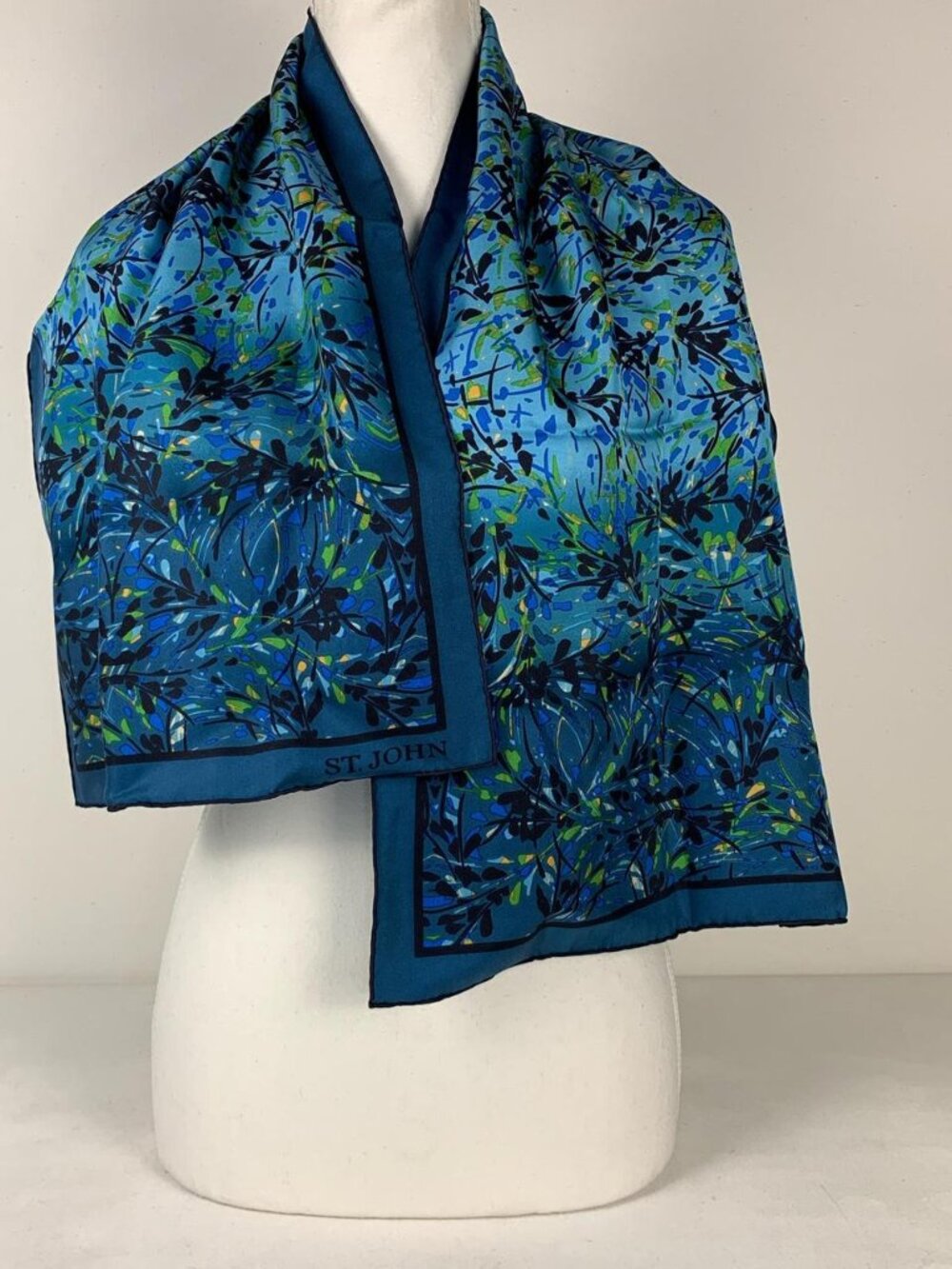 St. John Luxury Blue Floral Silk Scarf - Elegant 15x44 Accessory